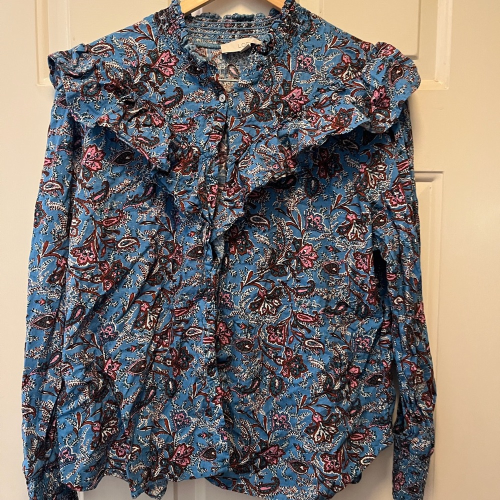 LOFT Blue Ruffled Long Sleeve Blouse